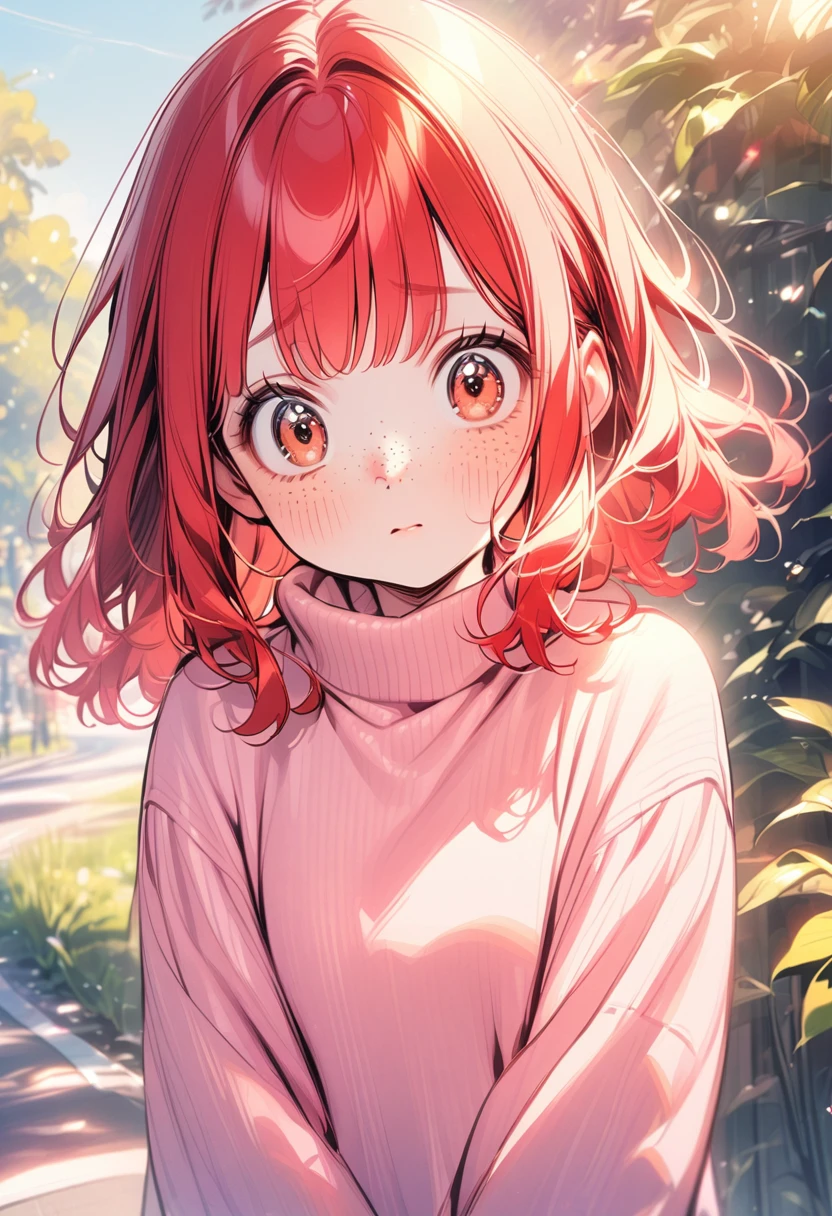 young girl, (red hair, shy, freckles, big eyes), turtleneck sweater, kawaii, outdoors, sunny, pastel color