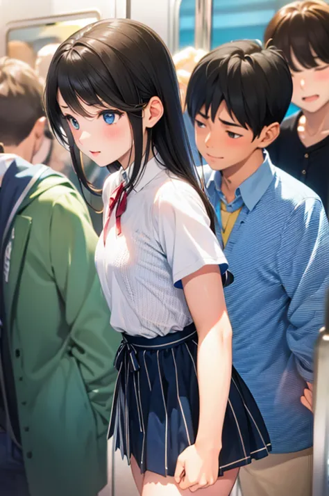 a small-breasted junior high school girl in summer clothes is surrounded by men on a train、men are trying to touch her。she lower...