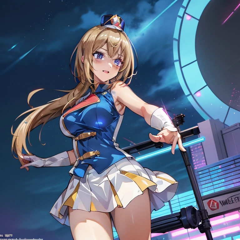 A masterpiece of the highest quality and highest resolution (1.2),With a neon-lit cityscape in the background, Fireworks explode overhead, (Long blonde hair, Summon the Force), A bright light shines from behind, Illuminating the white punk rock outfit, (Glittering costumes decorated with vinyl records), Music-themed power is scattered throughout, (The dynamic pose gives off an electric aura.), Instill fear in the hearts of bystanders, (Her unique soundwaves are emitting.), Reach out your neon blue shining hand, (Jim Lee-inspired rendering style, Super detailed),