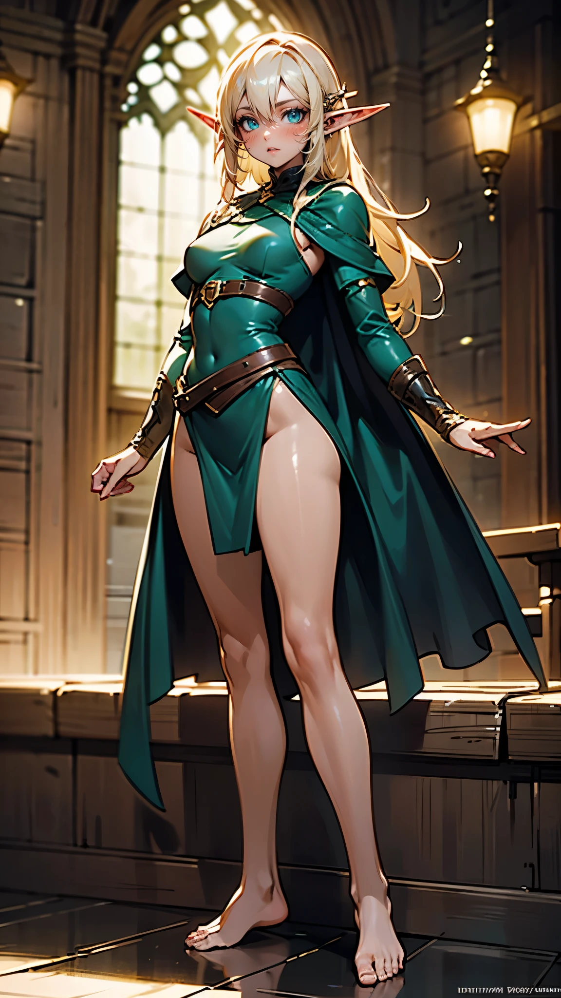 1girl, Solo, elf ears, dark elf, dark skin, green eyes, rogue, thief, High Resolution, Masterpiece, Anatomically Correct, Award Winning, Best Quality, HD, High Details, Textured Skin, Super Detailed, small breasts, wearing medieval clothes, barefoot, full body, cinematic lights, 