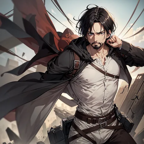 Levi Ackerman Attack on Titan Man High Resolution Black Hair, short hair, Facial hair, serious, hood, lines of movement, ImpressionismOnly, PLANO AMERICANO, 