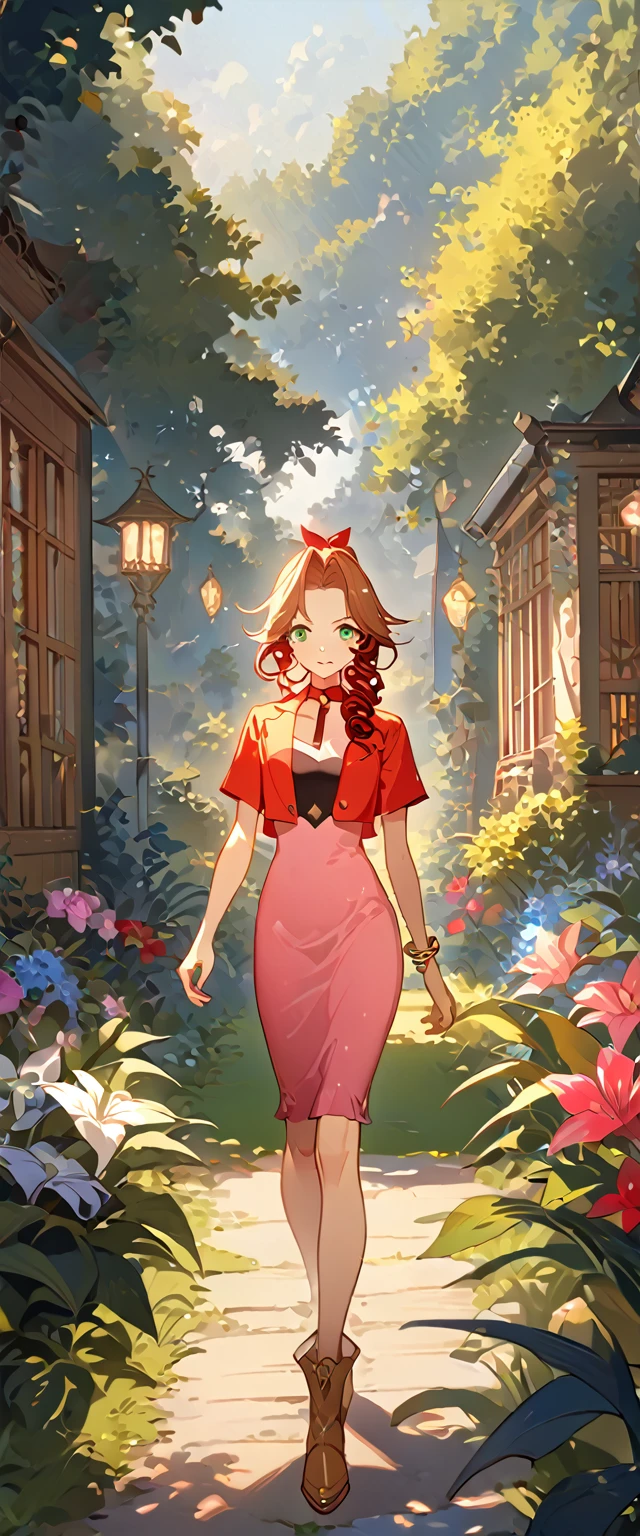 masterpiece, best quality, 8k, 4k, 1girl, aerith gainsborough, brown hair, high middle bang, longer side curly bang, long tight curly ponytail, green eyes, red hair ribbon, red bolero jacket, short sleeve jacket, cropped jacket, black tie choker, long pink straight dress, brown boots, bangles, walking in a garden, flowers, detailed background,, inspired by Asukaziye artist : ask, art style : ask