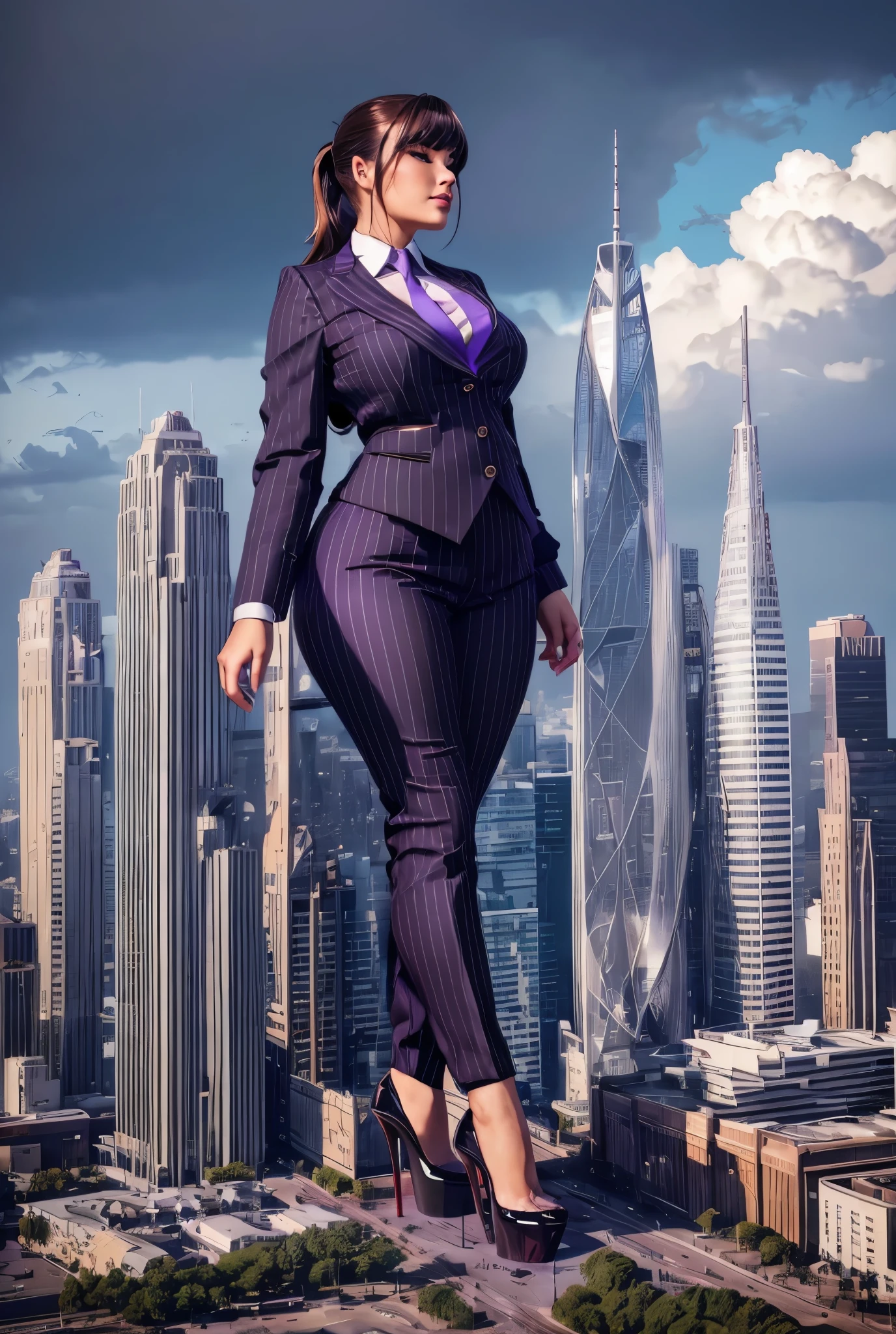 A young mother and her two daughters aged 18 and 20 each taller than 7 foot all wearing gray pinstriped trouser suits, white shirts heels and a larger paisley necktie. Large breast giantess art tiny city Young adult 1 woman, beautiful curves a massive curvy thighs redhead ponytail red lips wearing a perfect crimson pinstriped suit and blazer with a ((massive thick and massive purple necktie, windosr knot the size of a fist)) white crisp shirt, massive breasts. Black Platform high heels, colossal breasts. Platform high heels , standing, giantess art, tie bar, highly detailed giantess shots, giantess, most detailed, perfect face, Two legs, Five fingers, short hair, A girl who is bigger than a skyscraper, standing on very small city, skyscarpers at their feet, skyscrapers small, smile, huge breasts, major metropolis, numerous cities, , A very small big city, Miniature metropolis, Full body description, GTS, giga giantess, gigagts, stomping city, crash city, tiny city, micro city, , High resolution, highest quality, masterpiece,  tiny destroyed skyscrapers city, illustration, skyscrapers size of small toys standing behind and very far away from city, (masterpiece, best quality, best shadows, best shading, perfect hands, perfect face, cinematic lighting, colorful, ultra-detailed, beautiful photography, character focus, extremely-detailed, photorealistic, hyper photorealism, atmospheric), ), (giantess, stereotypical office boss), (dirty, filthy, unwashed, sweaty, unkempt, happy, tired, exhausted, annoyed), ((walking, mid stride:1.2, stepping down on:1.2, stomping, crush, rampage)), (black patent Louboutin rounded toe pumps, high heels, platform heels), ((,)), ((long ponytail hair with front bangs)), (high altitude photography, satellite view), (curvy, , heaving bosom, legs), (mega city, urban sprawl, and small towns, buildings, roads), (((cloudy, overcast, clouds and atmosphere partly obscuring the subject:1.2, hazy atmosphere, haze in foreground, wispy clouds)))