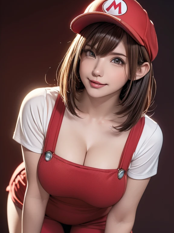 1 girl, (girl cosplaying as Mario, a girl dressed as Mario has brown short bob hair and Brown big eyes:1.4, super cute slightly round face, is wearing Mario's red Casquette, a red shirt, blue overalls, and white gloves), (cute lips with a cute smile:1.2, fake moustaches:1.4, emphasize their Big breasts:1.2, leaning forward, low angle, pov shot), background is the pink Mushroom Kingdom, ((masterpiece, best quality, high resolution))