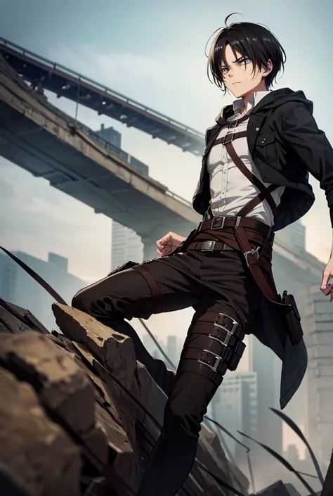 Levi Ackerman Attack on Titan Man High Resolution Black Hair, short hair, serious, hood, lines of movement, ImpressionismOnly, PLANO AMERICANO, 