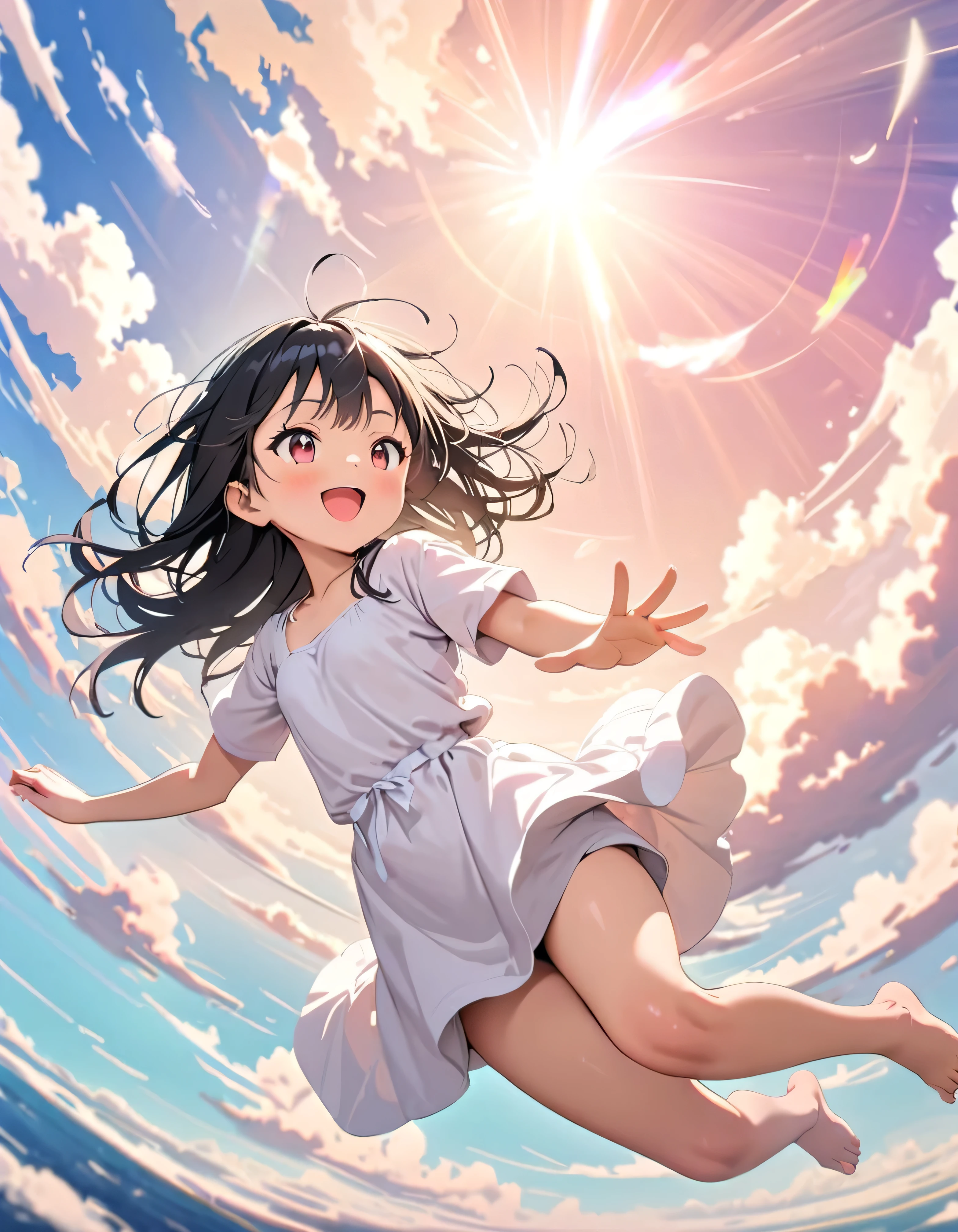 Highest quality, Very detailed, up to date, Vibrant, masterpiece, Highest quality, Best aesthetics, Floating in the sky, on the clouds, Pastel clouds, fly in the sky, Blurred Background, Above, One woman, Black Hair, full body shot, smile, big smile, Get excited, flat chested, short stature, very young, barefoot, Dynamic Angle, dynamic, Floating, Dynamic pose, (((White Dress))), The wind is blowing, Vivid light, Colorful Scenes, momentum, lens flare