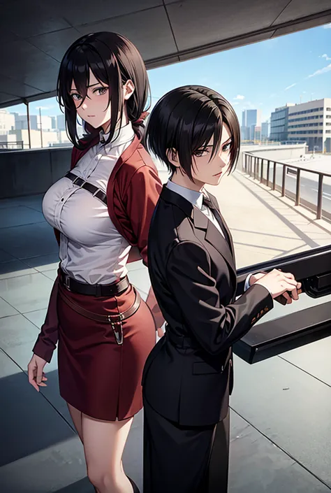 Levi Ackerman and Mikasa Ackerman from Attack on Titan High ResolutionMasterpiece, breasts, PLANO AMERICANO, lines of movement, black hair, Hair over eyes, black eyes 