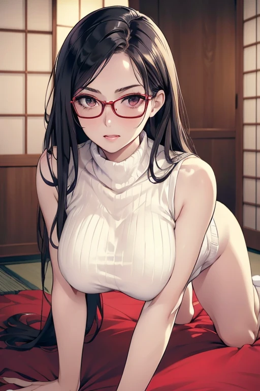 ((Best Quality)), ((masterpiece)), (detailed), One Woman，Beautiful woman，Japanese women，Married women，Beautiful body lines，Beautiful Face，Clear Eyes，Hard, Beautiful Skin，Beautiful Hands，Beautiful legs，Long limbs，Black Hair，Beautiful Long Hair，Shiny Hair，Thin lips，Mouth half open，Big Boobs，Blushed，Red cheeks，Embarrassed look，Heavy breathing，Expressions of Ecstasy，Black-rimmed glasses，Dull eyes behind glasses，
Full body shot,A woman on all fours approaching,Beautiful ass,Woman upset，
Wearing a white knit sweater 1.8，Turtleneck sweater，Sleeveless sweater，Beautiful clavicle，The sweater fits the woman snugly.&#39;Body，Nipples are erect，The fabric of the sweater is thin，Are you seducing me??？Crying face，Climax expression，Expression of pleasure，Orgasm facial expression，Blushing and excited expression,Holding a condom in hand,Beautiful bare feet,