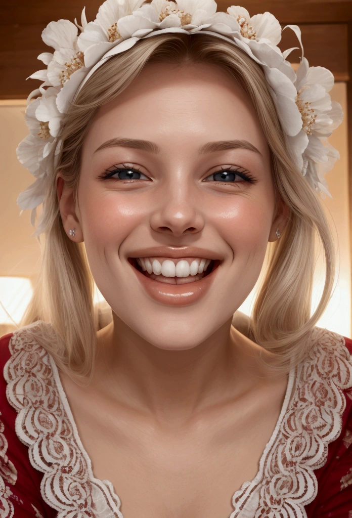 a beautiful young White woman, (mouth very wide open and smiling), eyes  wide Open,