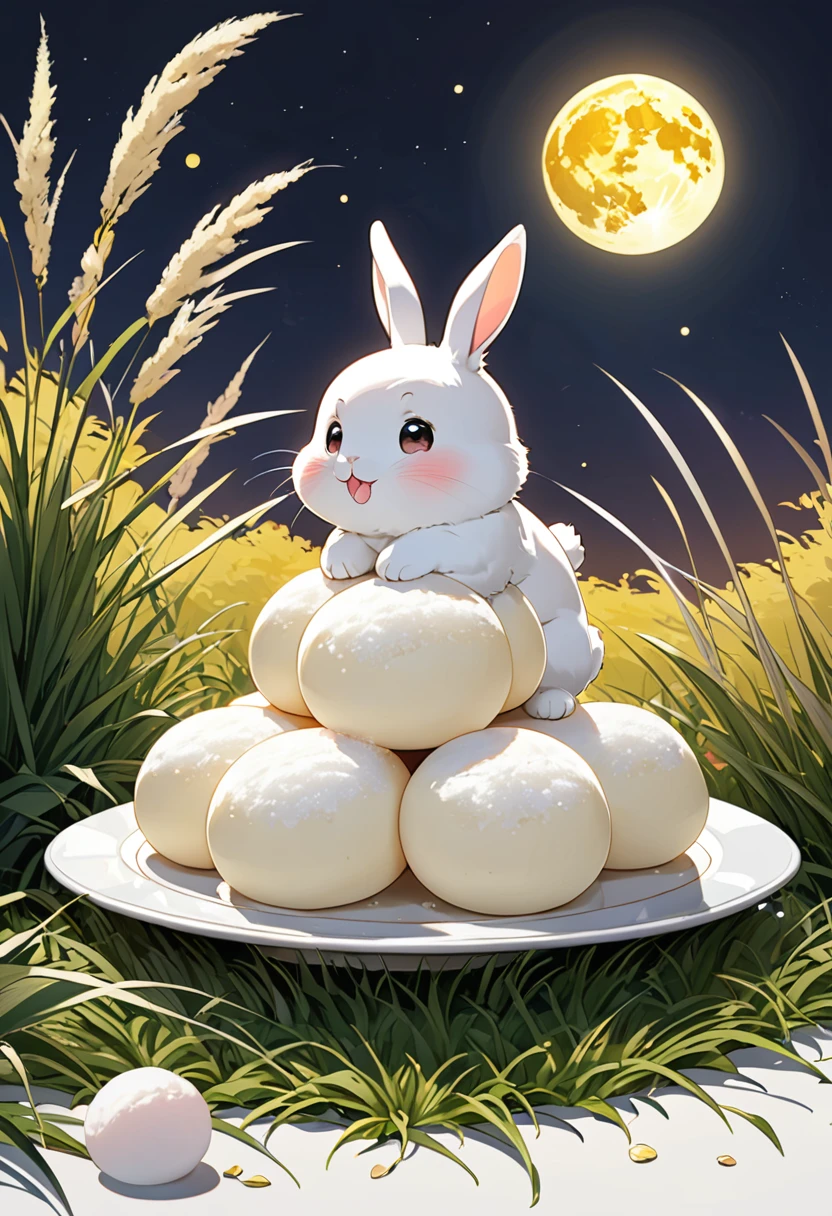 a huge yellow full moon, a kawaii rabbit in the full moon, Japanese silver grass, pure white round mochi piled high on a plate,