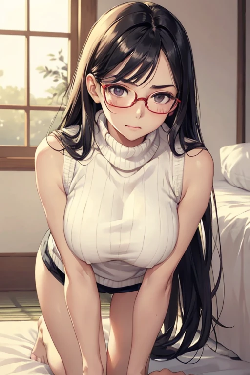 ((Best Quality)), ((masterpiece)), (detailed), One Woman，Beautiful woman，Japanese women，Married women，Beautiful body lines，Beautiful Face，Clear Eyes，Hard, Beautiful Skin，Beautiful Hands，Beautiful legs，Long limbs，Black Hair，Beautiful Long Hair，Shiny Hair，Thin lips，Mouth half open，Big Boobs，Blushed，Red cheeks，Embarrassed look，Heavy breathing，Expressions of Ecstasy，Black-rimmed glasses，Dull eyes behind glasses，
Full body shot,A woman on all fours approaching,Beautiful ass,Woman upset，
Wearing a white knit sweater 1.8，Turtleneck sweater，Sleeveless sweater，Beautiful clavicle，The sweater fits the woman snugly.&#39;Body，Nipples are erect，The fabric of the sweater is thin，Are you seducing me??？Crying face，Climax expression，Expression of joy，Orgasm facial expression，Blushing and excited expression,Holding a condom in hand,Beautiful bare feet,