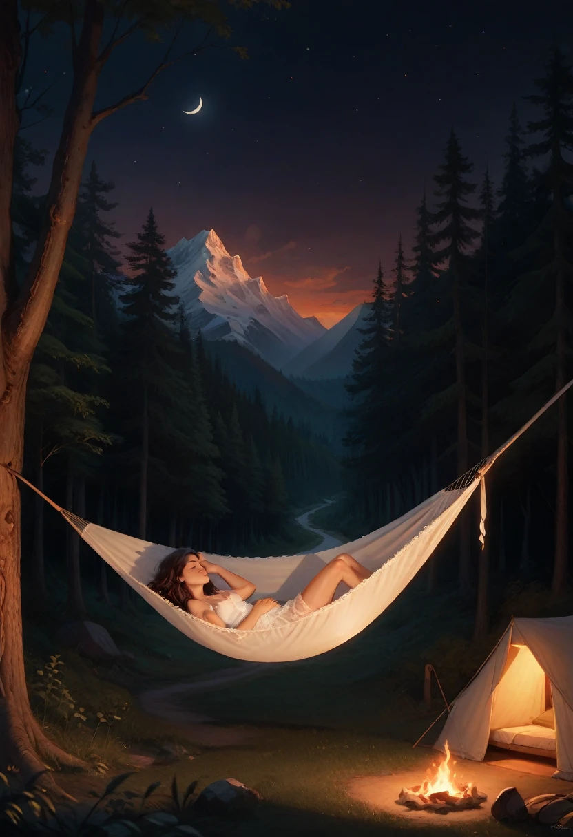 masterpiece, Nothing, girl,sleep in a hammock, nightgown, (traveler), forests, trees, mounts, tents, a picnic, an adventure  