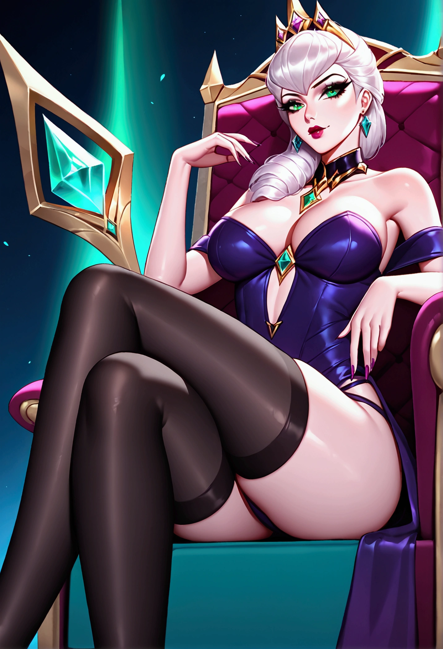 Fraction_9, Fraction_8_Direction_7_up, Evelyn (League of Legends), 1 girl, White hair, Bright green eyes, Dressed as a ruined queen, Wearing an emerald crown, Sexy, whole body, earrings, Long eyelashes, Sexy, Large bust, Beautiful face, Green smoke background, Sitting on the throne，Black stockings