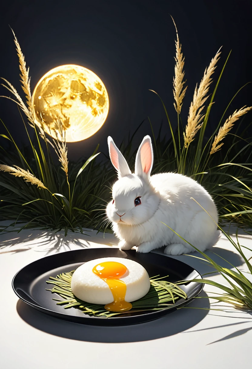 a huge yellow full moon, a kawaii rabbit in the full moon, Japanese silver grass, pure white round mochi piled high on a plate, delicate and dynamic textures, contrasts of light and shadow, 2.5D, artistic photography, hyper realistic, digital graphic CG, ultra detailed, absolutely resolution, best quality