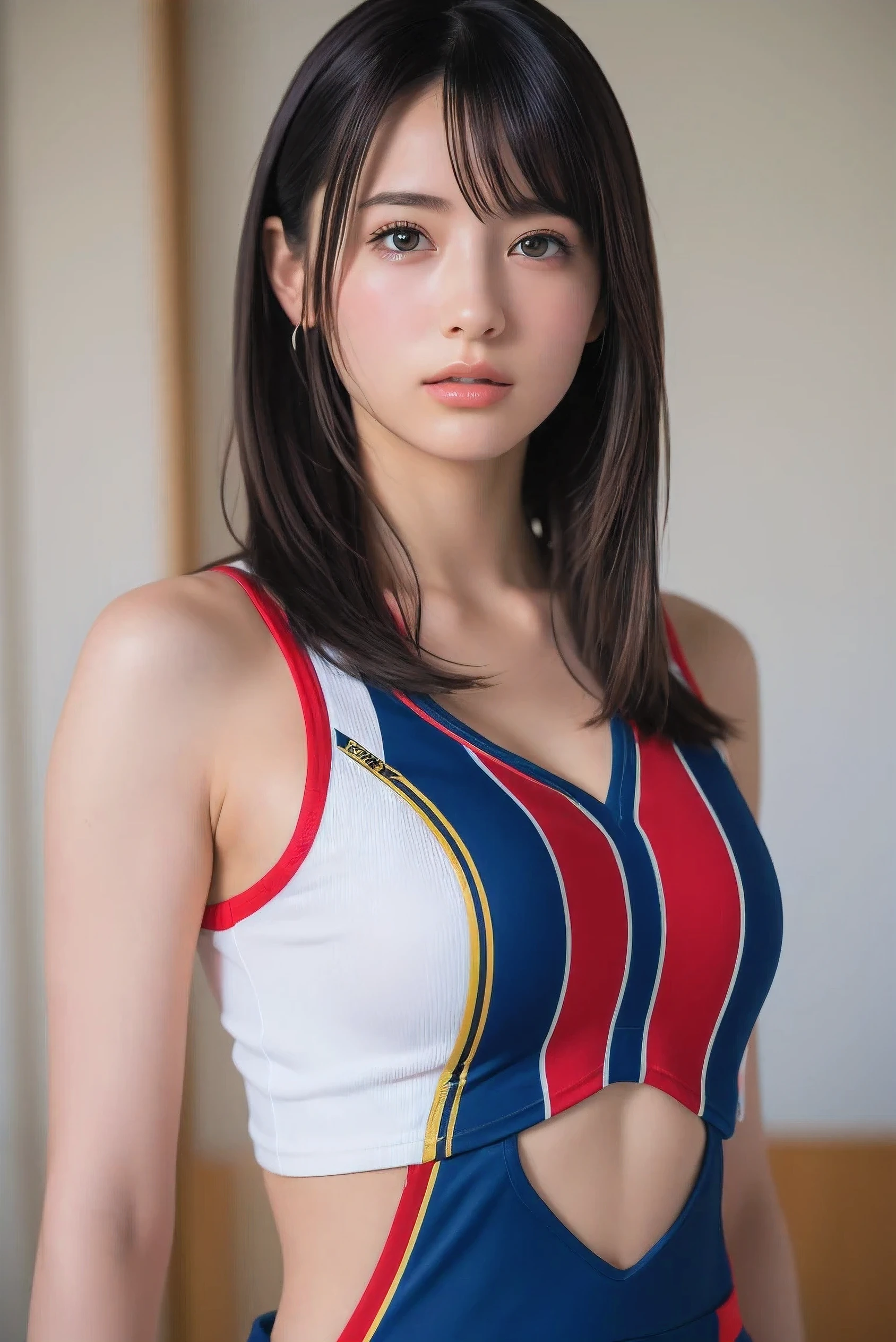 (8k, RAW Photos,Best Quality, High resolution:1.1), (Ultra-realistic:1.4),(Realistic, Realistic:1.3),Japanese Beauty、Rhythmic Gymnastics Club、Rhythmic Gymnastics Uniform、((Upper Body:1.3))