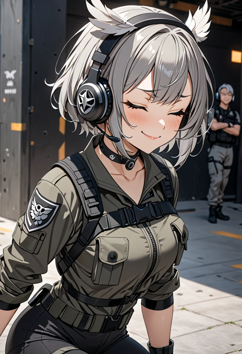 8K Ultra High-Quality, ultra-detailed, High quality, Grey hair, short hair, closed eyes, Headset, owl feathers headpiece, Grey Tactical clothes, fingerless gloves, Military clothes, black spandex under clothes, body harness, smug, Looking at viewer, choker, full body, side view, close up