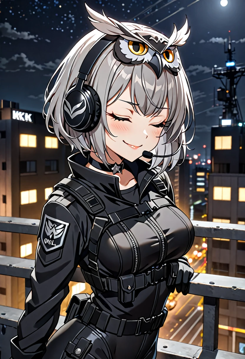 8K Ultra High-Quality, ultra-detailed, High quality, Grey hair, short hair, closed eyes, Headset, mask, owl feathers headpiece, Black Tactical clothes, black gloves, Military clothes, black bodysuit, body harness, smug, Looking at viewer, choker, full body, side view, close up, night time