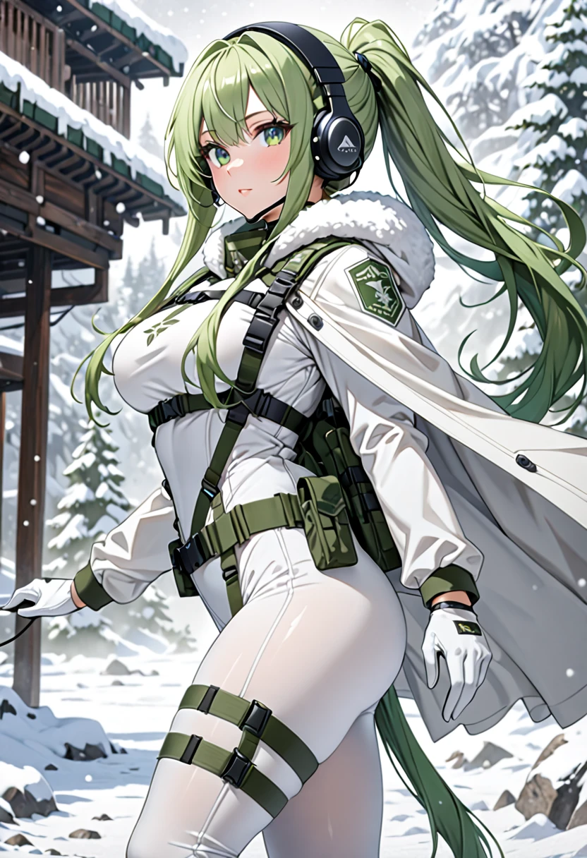 8K Ultra High-Quality, ultra-detailed, High quality, Green hair, long pony tail hair, green eyes, big chest, green pain, Headset, White Tactical clothes, Military clothes, winter coat, white cape, white gloves, white spandex under clothes, body harness, Looking at viewer, choker, full body, side view, close up, snow background