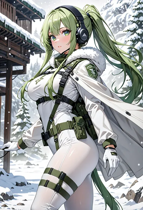 8k ultra high-quality, ultra-detailed, high quality, green hair, long pony tail hair, green eyes, big chest, green pain, headset...