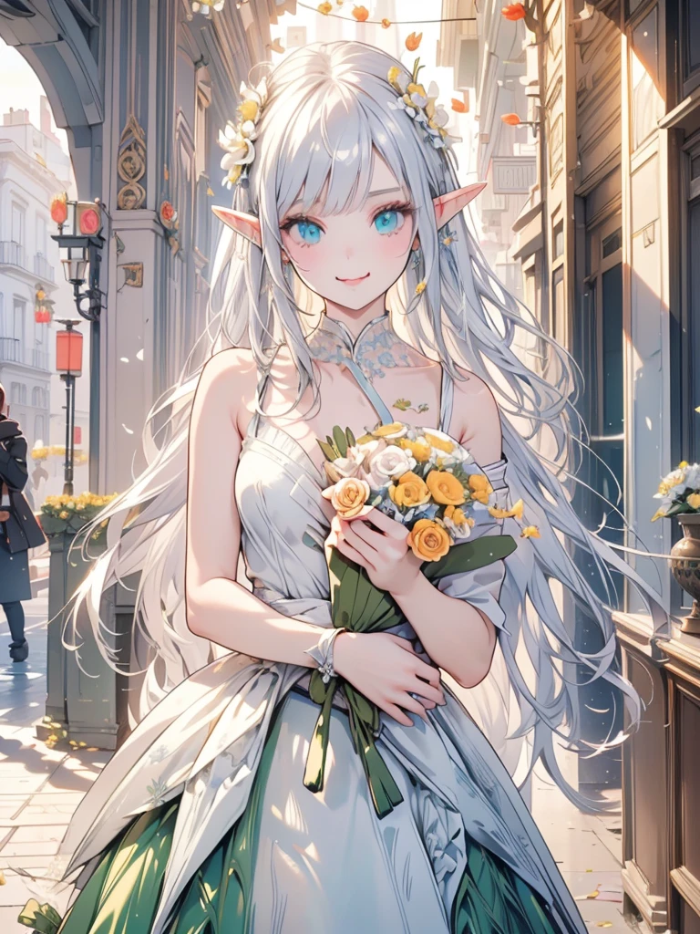 masterpiece, best quality, 1lady, ultra detailed, ultra highres, 8k, well-definded facial features, anatomically correct, cute lady, long pointy ears, elf, nice face, silver hair, green eyes, long shot, (holding up a bouquet:1.6), ( ;p:1.3), Art Nouveau,