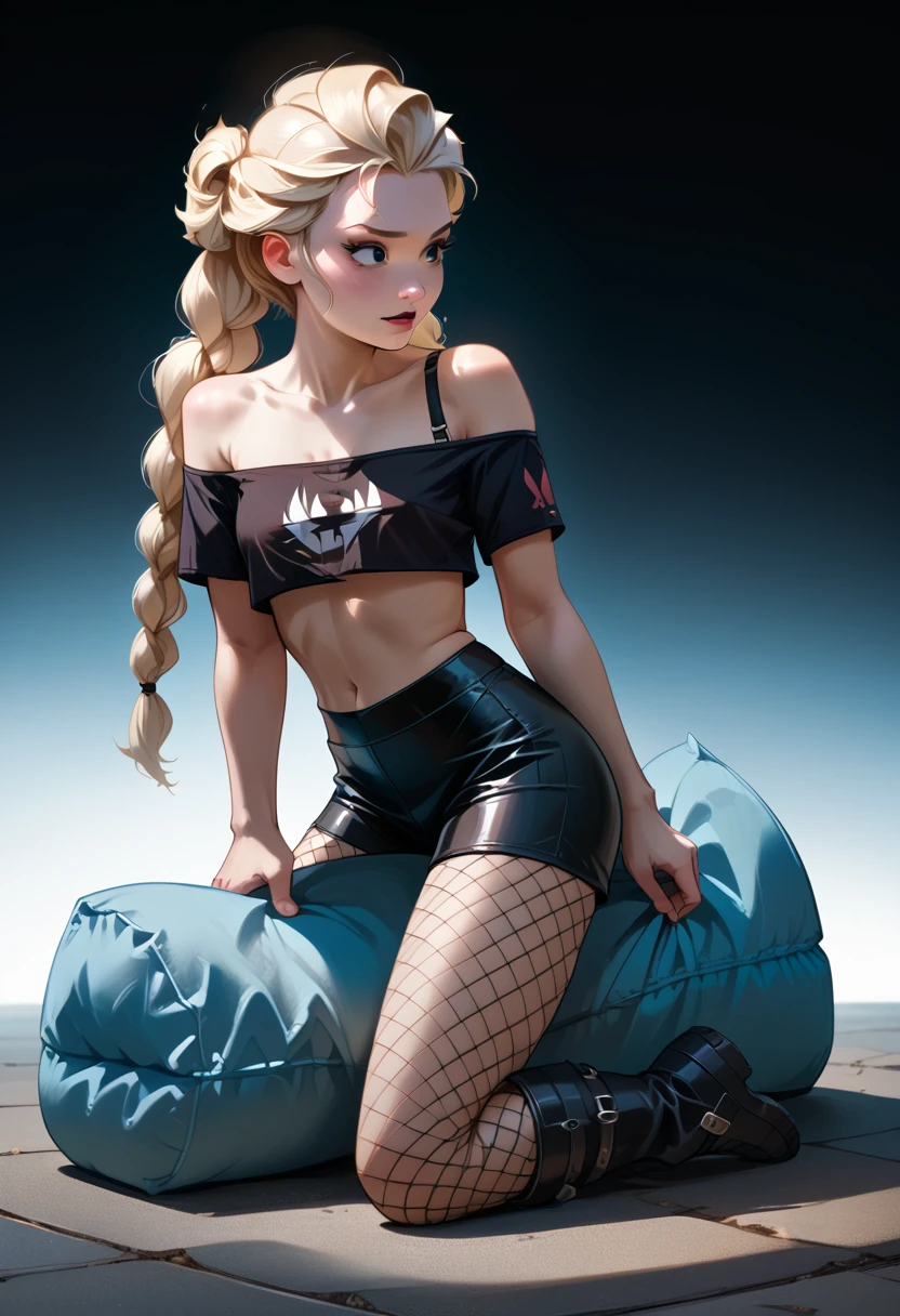 ((full body photo, standing, feet on the ground))  Elsa, tight black latex bike shorts, loose off the shoulders red crop top, visible bra straps, 2, young adult, rebelious, thick black leather boots, very long blonde twintails, fishnet pantyhose, kneeling, humping her pillow