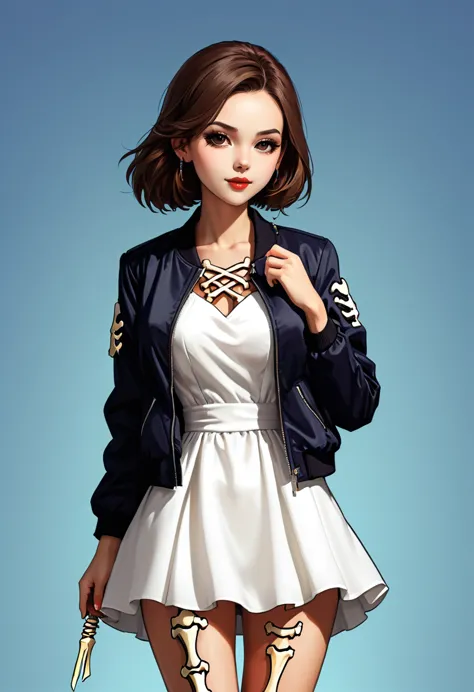 colorful ic0n icons, ik1, 1 girl, white dress, jacket, cartoon bones,