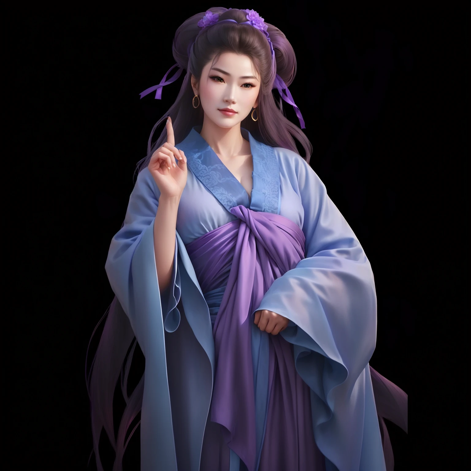 arafed woman in a blue and purple dress holding a purple umbrella, flowing hair and long robes, palace ， a girl in Hanfu, with acient chinese clothes, Hanfu, wearing ancient chinese clothes, full body xianxia, inspired by Qiu Ying, flowing robes, heise jinyao, inspired by Gu An, flowing magical robe mid-breast low-cut neckline