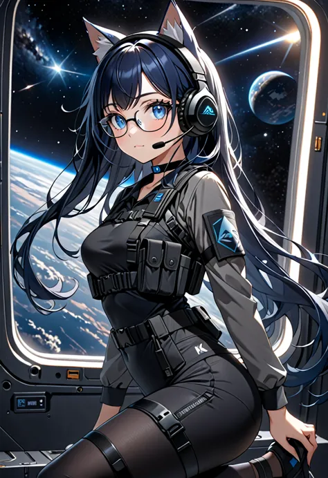 8k ultra high-quality, ultra-detailed, high quality, dark blue hair, long hair, blue eyes, headset, cat girl, grey tactical clot...