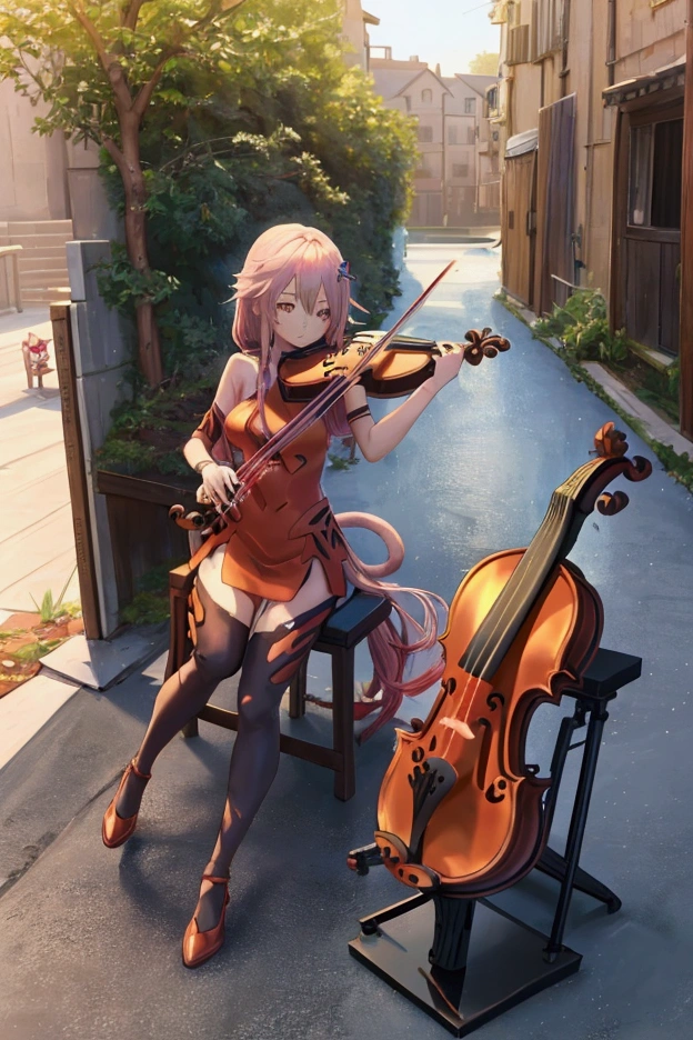 Anime girl, yuzuriha inori from guilty crown, (cat tail), ((playing on violin)), in the medival port, masterpiece, best quality