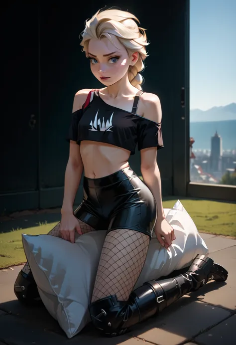 ((full body photo, standing, feet on the ground))  elsa, tight black latex bike shorts, loose off the shoulders red crop top, vi...