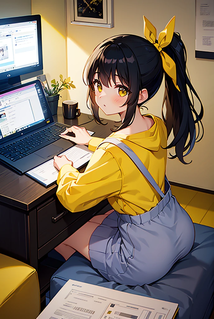 1 black-haired girl in a girly room, ponytail, yellow room wear, typing with laptop,  yellow ribbon,  masterpiece, accurate