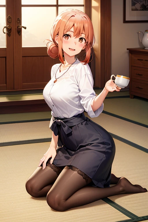 (hdr, highest resolution, best quality, beautiful, raw image, super detailed skin, perfect anatomy, nsfw, POV)), , ((1girl)), (orange hair), brown eyes , (blushing:1.4), ((smile)) ,open mouth , (slender), (large breasts), ((casual clothes, blouse, skirt, ,stockings, necklace)) , (( japanese style room, tatami, shoji window, no shoes, daytime)), ((low table, tea pot)), ((kneeling table side, drinking tea)) , from side