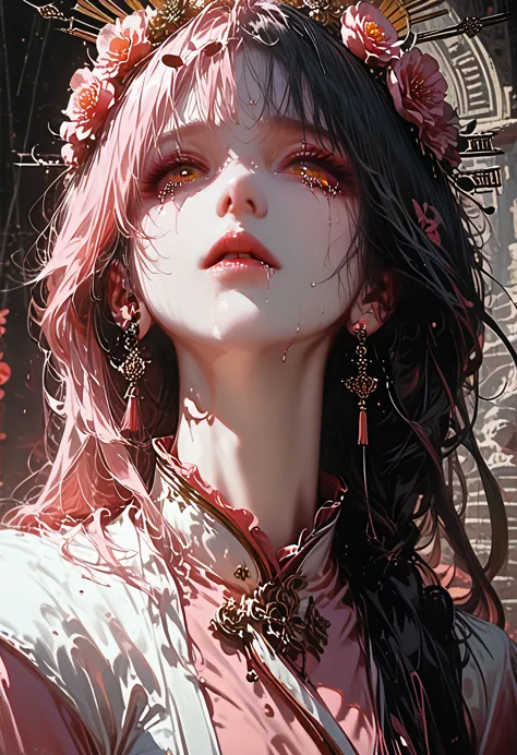 arafa woman in pink dress with flower crown on her head, colored photo, inspired by lan ying, trends in the cg community, realis...