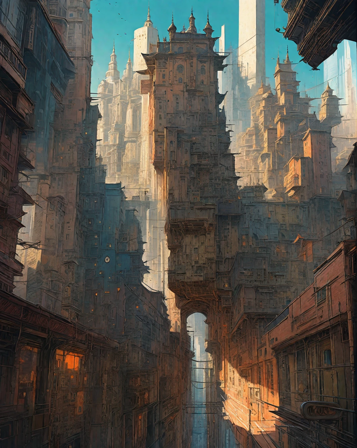 there is a drawing of a city with a clock tower, insanely highly detailed artwork, realistic painting of a complex, complex layered composition!!, expansive detailed layered city, realistic intricate concept art, big and structured valhalla city, multi layered huge architectures, insanely detailed art, atelier olschinsky, intricate cyberpunk city, intricate matte painting, intricate concept art