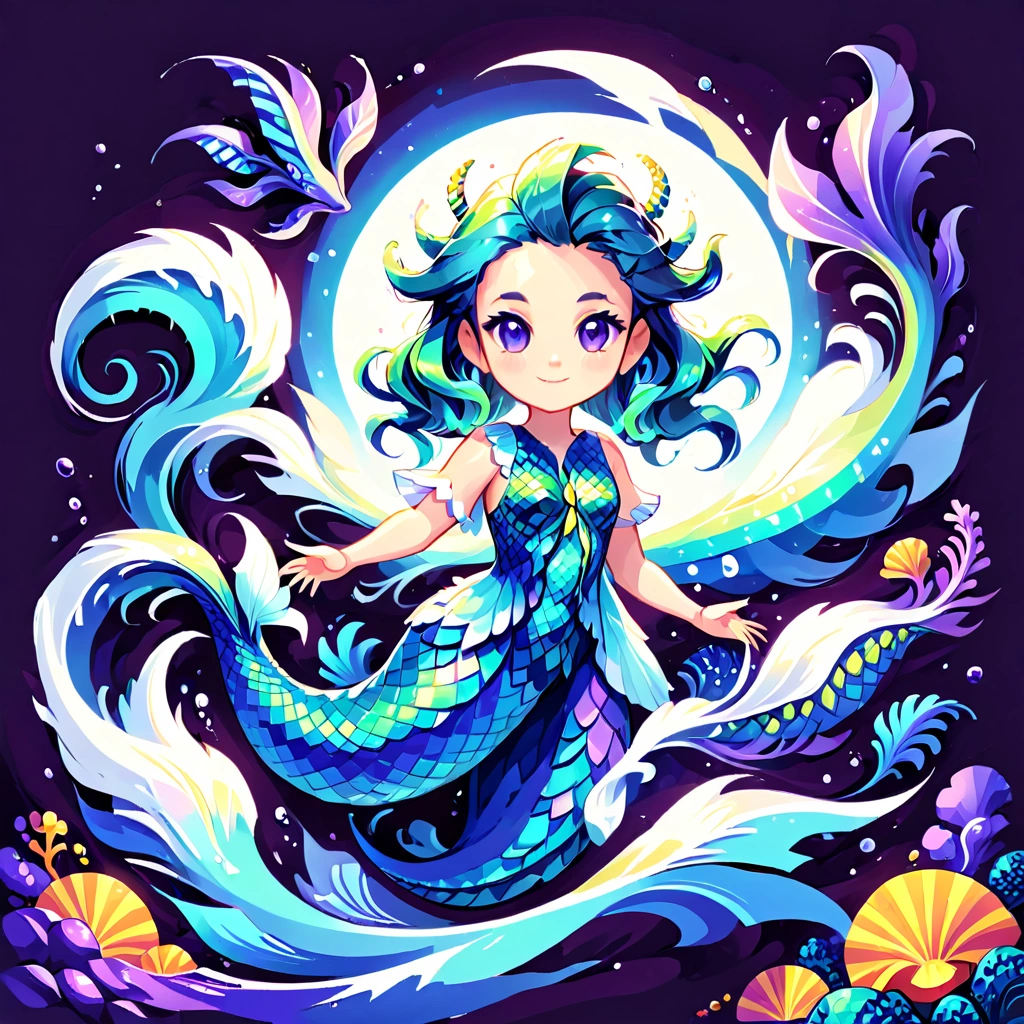 Create a friendly mascot for a digital art generation website. Half-human, half-sea creature with a stylized fishtail, glowing antennae and a pixelated color palette of blue, green, and purple, inspired by the ocean. Her body is sleek and slightly translucent, with digital patterns shimmering across her scales. Eyes are large and expressive, shining like glowing pixels, and her hair flows softly, changing from oceanic blues to purples. She holds pixelated accessories like a graphics tablet or seaweed-like brushes, representing digital creativity. Her design should have a pixel art style, with a friendly, approachable look, and a warm smile that invites users into a world of creativity.