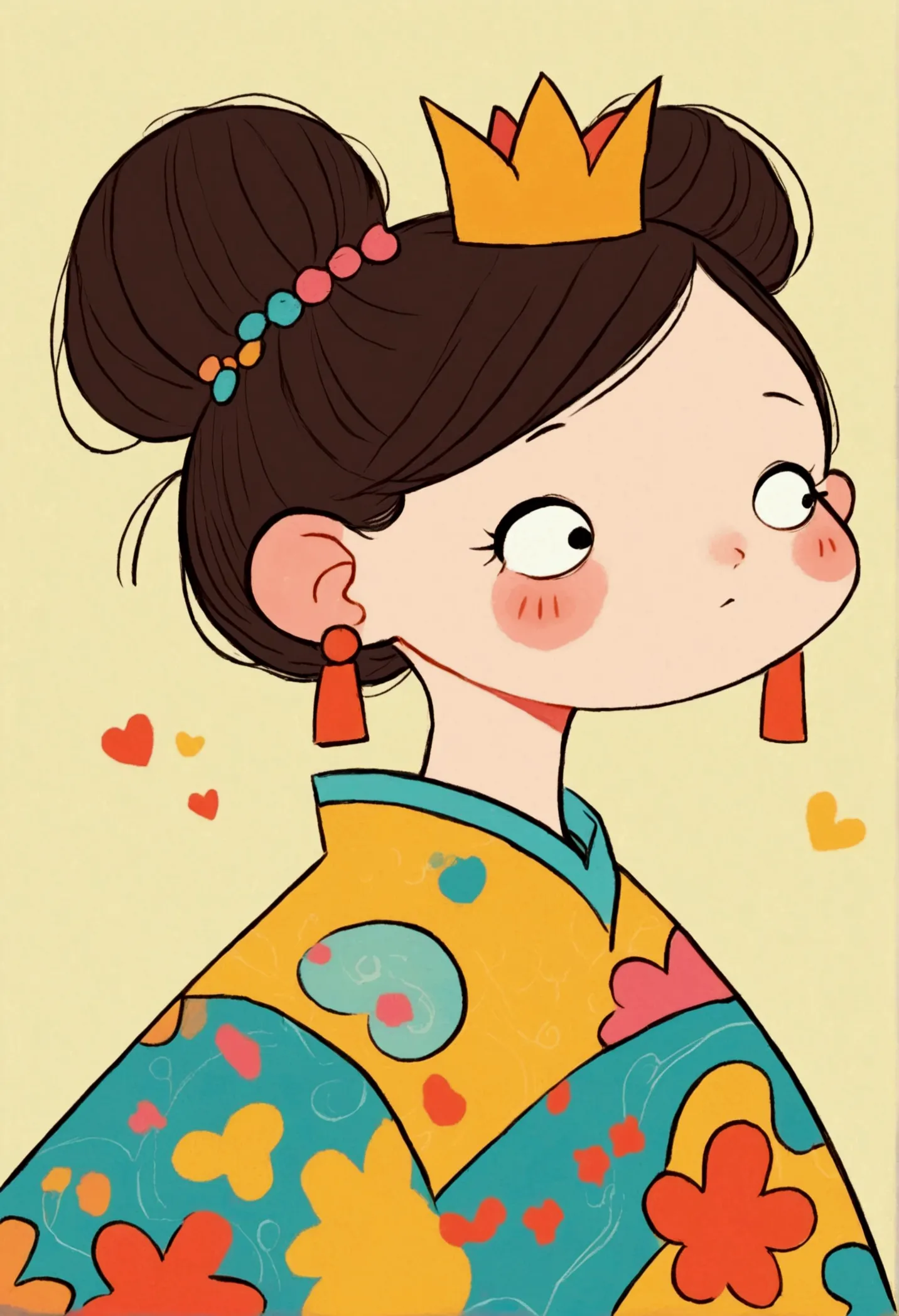 flat wind，vector，childish art cartoon，oil pastel graffiti，cute style，high bun，princess head，qing dynasty，minimalism， number，love...