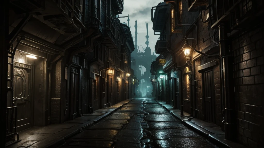 industrial fantasy night street, narrow side street, dark victorian industrial look, underground city, undercity, zaun from arcane, cave