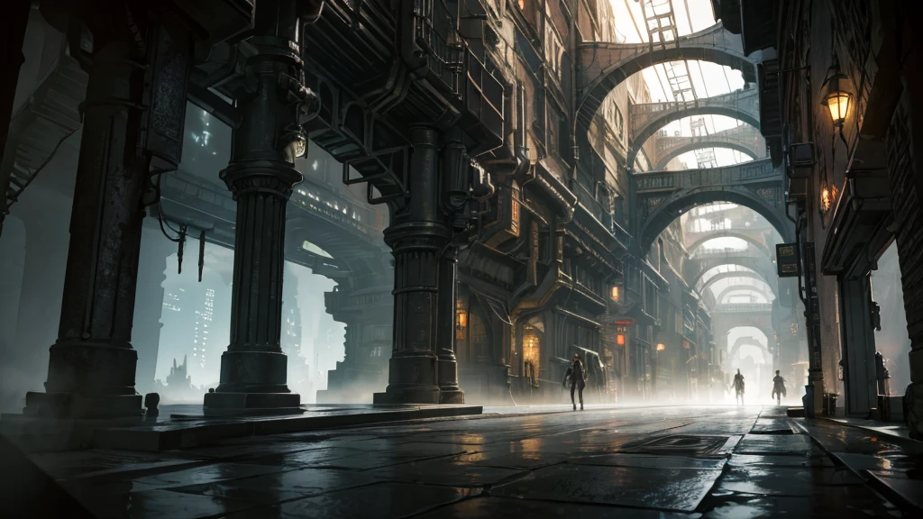 industrial arcane underground city, cave city, dark city, industrial fantasy night street, narrow side street, dark victorian industrial look, underground city, undercity, zaun from arcane, cave