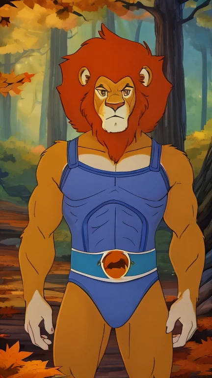 (male, solo, lion), highly insanely detailed, masterpiece, top quality, best quality, highres, 4k, 8k, RAW photo),((innocent look)),((Childish)),From the front, symmetrical composition,smile,cute,Innocent,Kind eyes,Flat chest,digital art Style, forest, autumn, (liono),front view, blue leotard, orange hair, orange skin