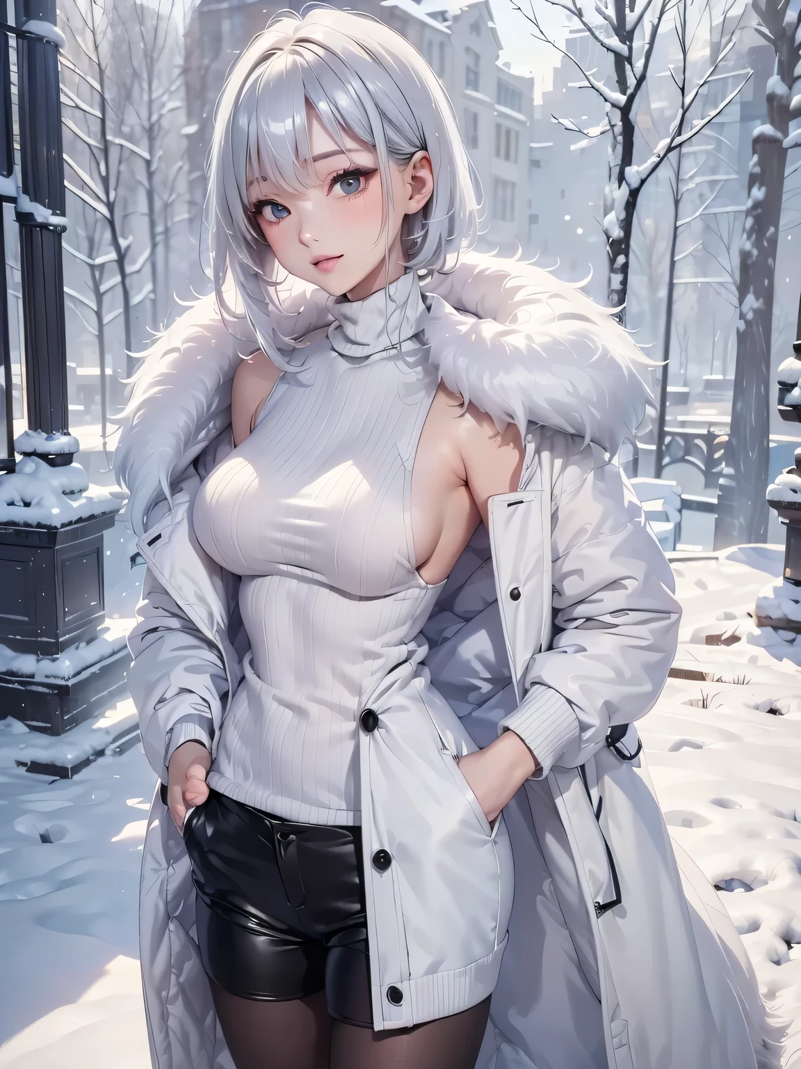 masterpiece:1.5, high quality. 1girl, turtleneck sweater, sideboob, black short pants, pantyhose, white hair, fur white coat, medium breasts, bright skin. background: winter ruins, snow fall. ダイナミックなポーズ