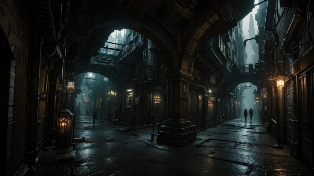 industrial arcane underground city, cave city, dark city, industrial fantasy night street, narrow side street, dark victorian industrial look, underground city, undercity, zaun from arcane, cave