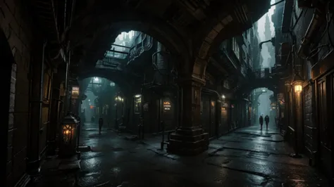 industrial arcane underground city, cave city, dark city, industrial fantasy night street, narrow side street, dark victorian in...