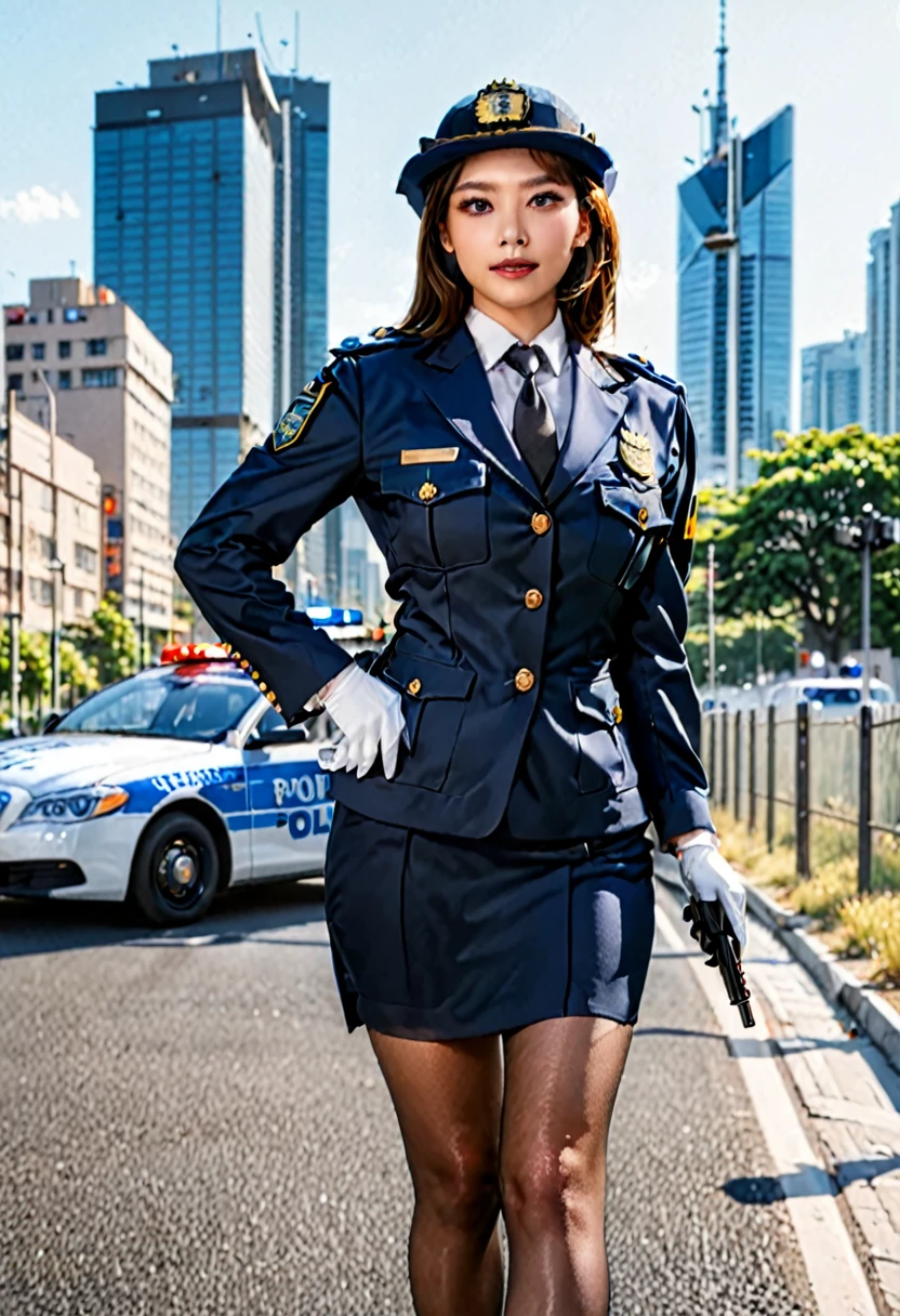 Best Quality、masterpiece、8k、Realistic、超High resolution、Very delicate and beautiful、High resolution、Cinema Lighting、Mid-range shooting、Perfect female body、Beautiful woman、Mature Woman、Beautiful Eyes、Cityscape、((Female police officer:1.4、紺色のFemale police officer、Female police officerの制帽、Uniform buttons、Grey tie、Uniform jacket、White gloves))、pantyhose、Long, tight skirt above the knee、Stiletto heel pumps、Police Badge、Epaulettes、