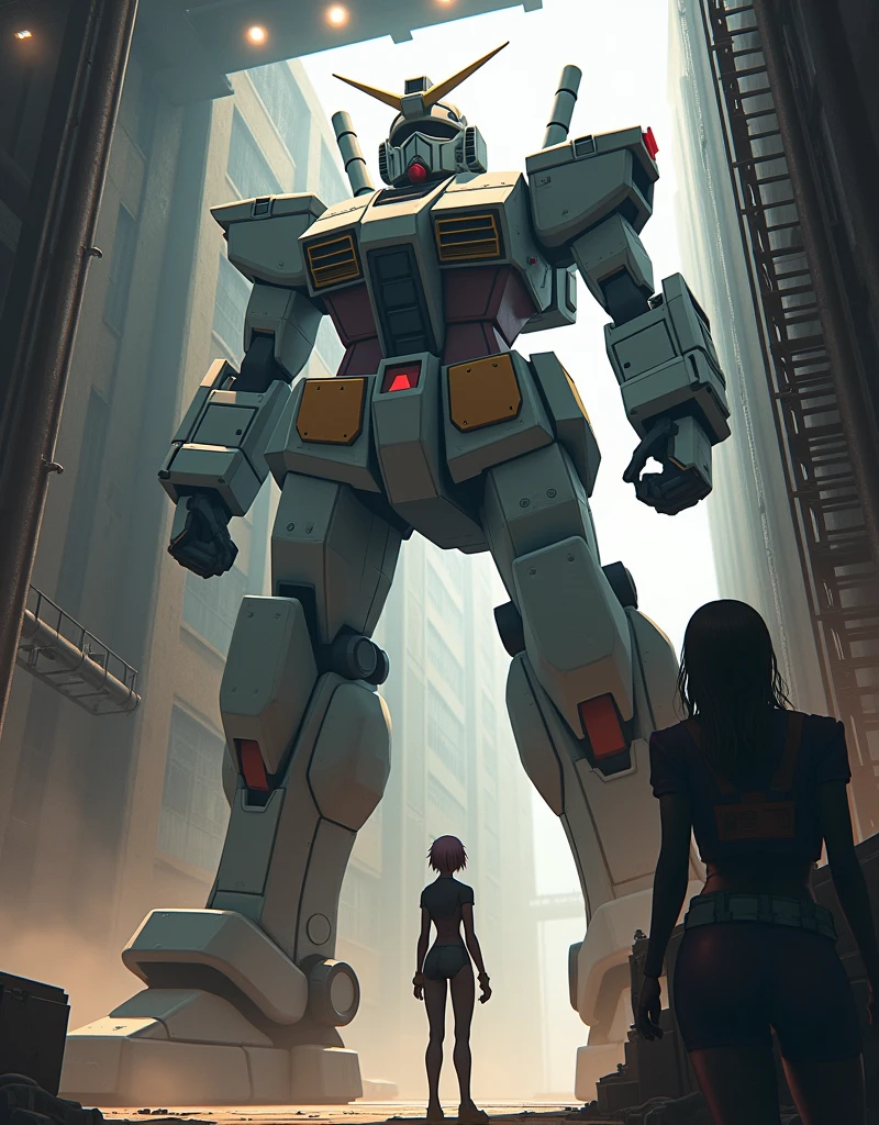 a female pilot from behind, looking up at a massive mobile suit, wearing a tight-fitting pilot suit in a patchwork color scheme, the scale of the mobile suit emphasized through forced perspective, detailed industrial-looking mobile suit, dusty repair bay, bright overhead searchlight-style lighting fixtures, piping and ladders connecting to the mobile suit, mobile suit with a heavy, weighty color palette