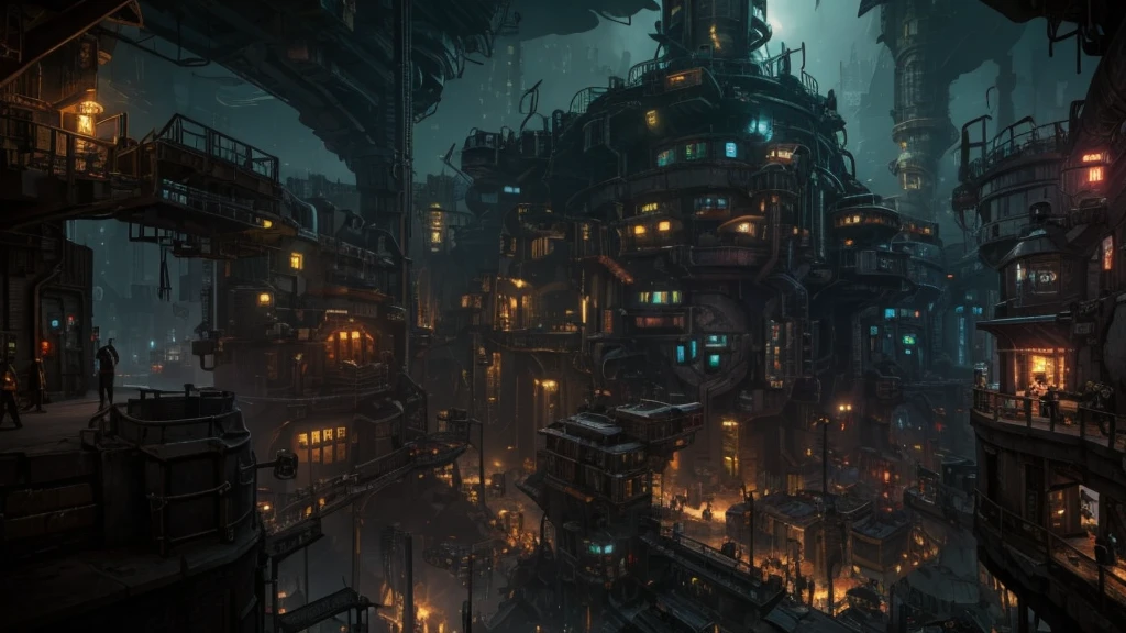 zaun city from arcane, industrial arcane underground city, cave city, dark city, night, industrial fantasy night street, dark industrial look, slight neon and rust, bandit punk street, underground city, undercity, zaun from arcane, cave