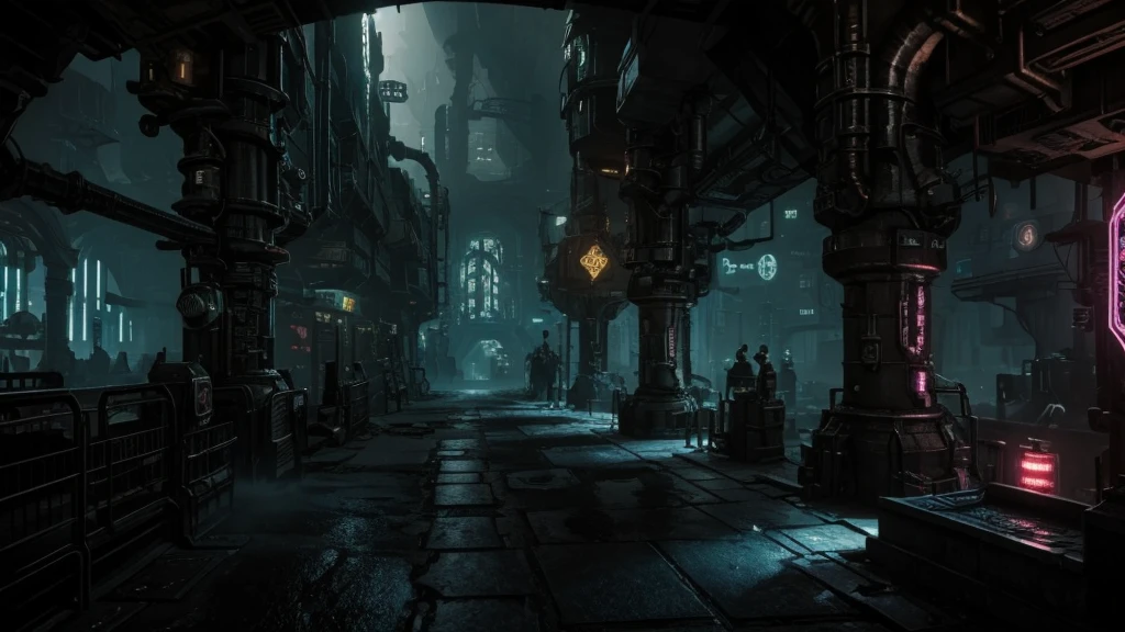 industrial arcane underground city, cave city, dark city, industrial fantasy night street, dark cyberpunk street with neon, dark victorian industrial look, underground city, undercity, zaun from arcane, cave