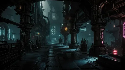 industrial arcane underground city, cave city, dark city, industrial fantasy night street, dark cyberpunk street with neon, dark...