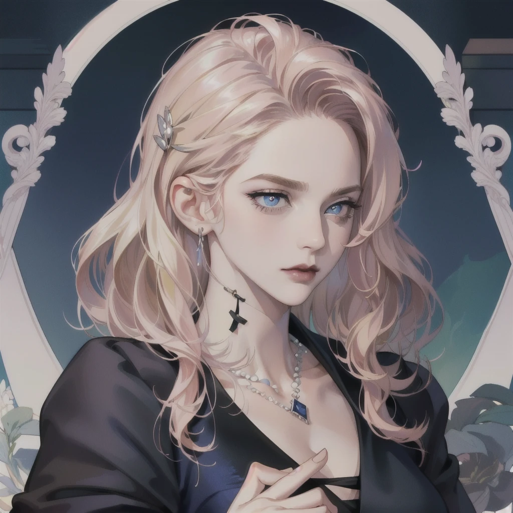 masterpiece, Best quality, night, full moon, 1 girl, mature woman, blonde hair, long and wavy hair, Light pink lips, tranquility, Intellectual, medium hair, blue pupils, hairpin, Beautiful face, face close up, Hand close-up, business suit, White shirt, black dress pants, serious face, closed mouth 