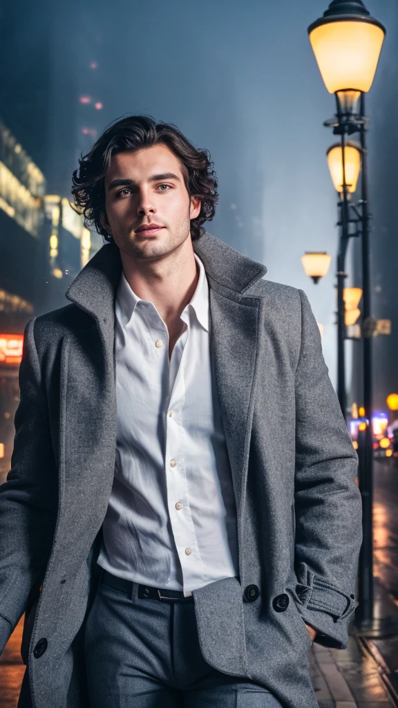 A handsome man with bright eyes,black flowy hair, natural beauty, handsome face,sharp jaw line, photogenic expression, wearing shirt and over coat, in a misty environment, evening time, near a street lamp, in a futuristic city, best quality photo, 16 k resolution, realistic, masterpiece, homoerotic ,nsfw