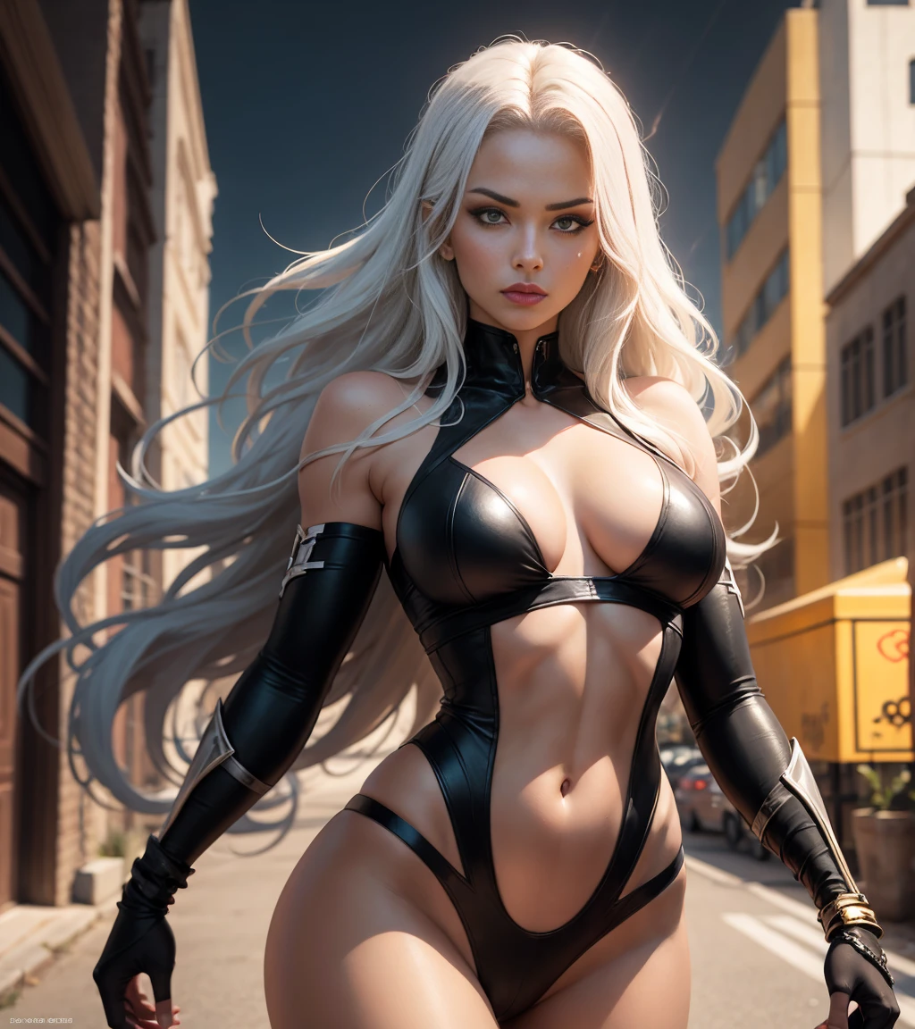 X-MEN STORM,storm evoking lightning,storm with flowing white hair,storm with an intense look,storm in powerful pose,X-Men Superhero Storm, african girl, [1mulher，4，milf (mature mother)，Uma milf (mature mother) ，married woman， STORM X-MEN, maduro，plumw，White eyes, Big breasts ,just，（in a city） She has long hair , seen from the front， long white hair（（（Masterpiece of art），（very detailed 8k CG wallpaper），best quality，cinematic lighting，detailed background，beautiful detailed eyes，bright pupils，Redlip（Very thin and beautiful），（Beautiful and detailed description of the eyes），ultra details，Masterpiece of art，）），facing the camera，A high resolution，ultra details），Raised new, Raised sexy，camel&#39;s foot，seminua，（dress： STORM black and gold uniform, low-cut uniform, golden bracelets, extravagant neckline, camel&#39;s foot, Sexy thong panties, seminua, Sexy thong panties, thong panties, flying hair, Standing, Standing up, , wide belt, belt x of xmen